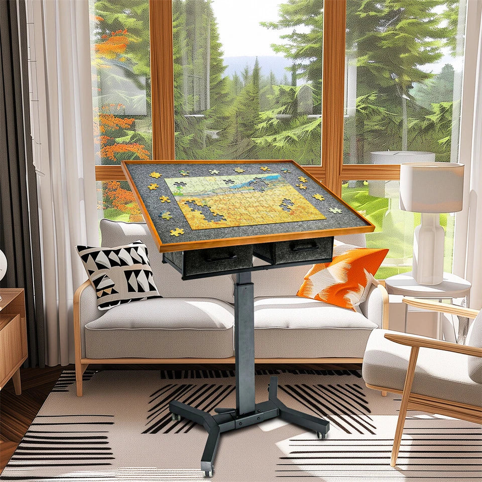 P&P Adjustable Wooden Jigsaw Puzzle Table with Tilt, Drawers and Rolling Wheels