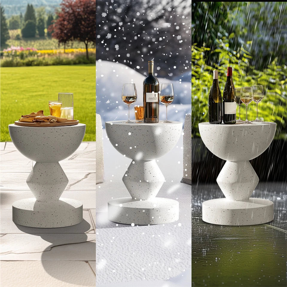 Elegant white concrete patio side table with artistic design