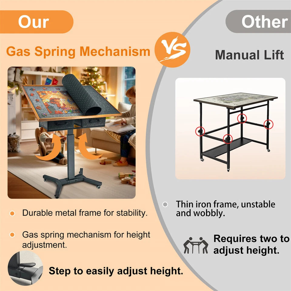 P&P Adjustable Wooden Jigsaw Puzzle Table with Tilt, Drawers and Rolling Wheels