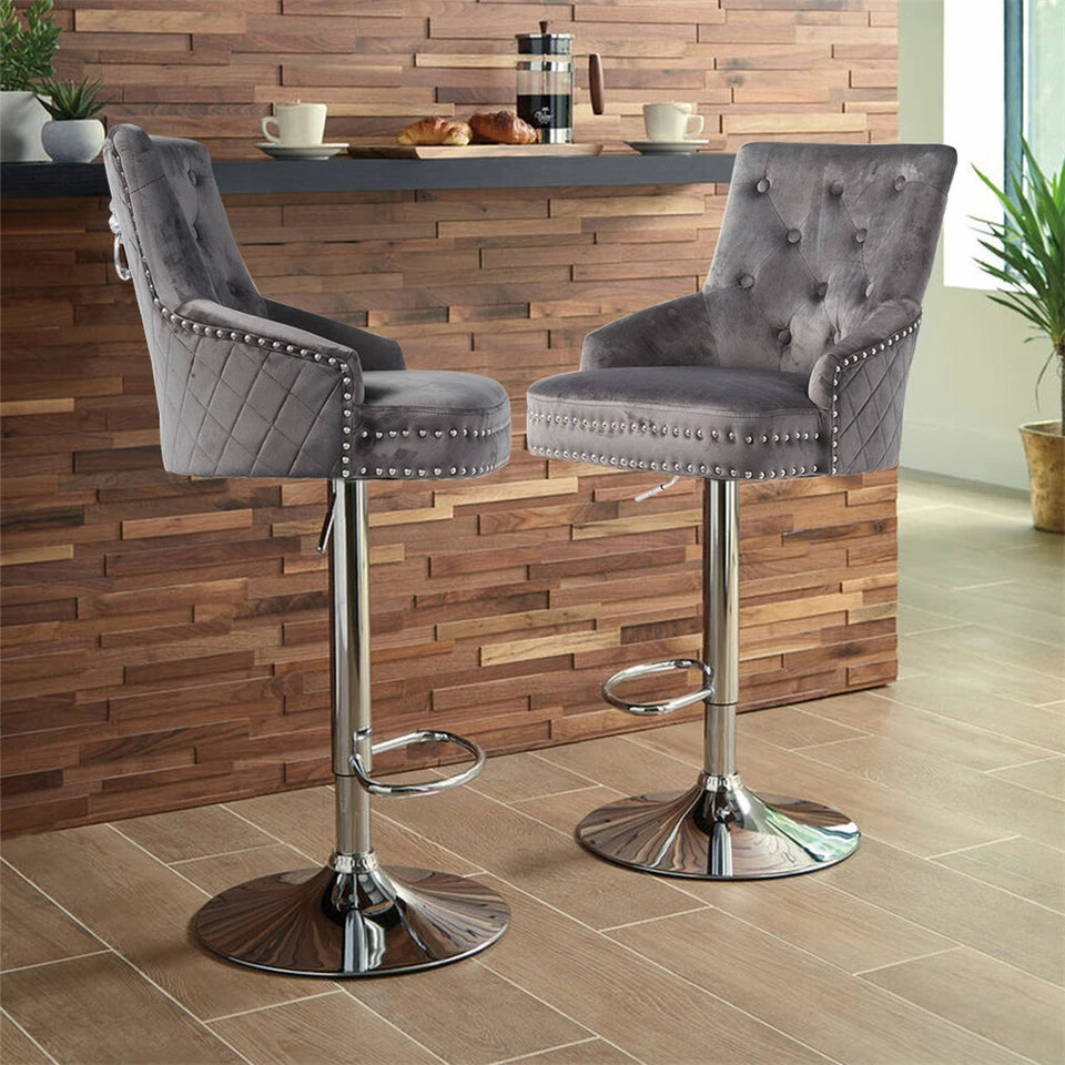 Luxury gray velvet bar stool with decorative lion head design