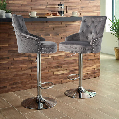 Luxury gray velvet bar stool with decorative lion head design