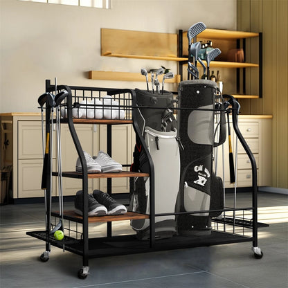 Mobile golf bag organizer for home and garage