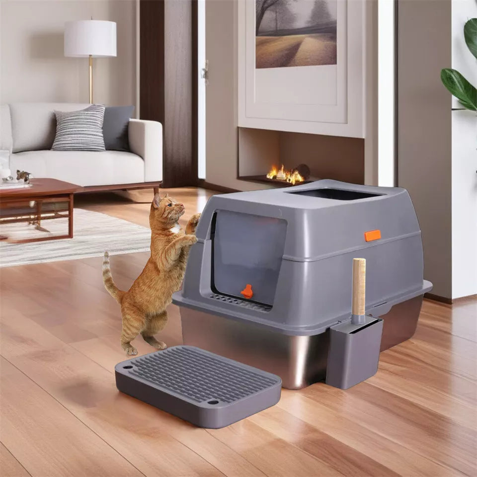 Extra-Large Stainless Steel Cat Litter Tray with Durable Lid and Scoop