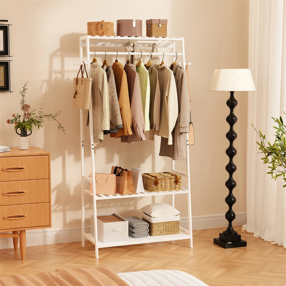 P&P white bamboo garment rack with storage shelves