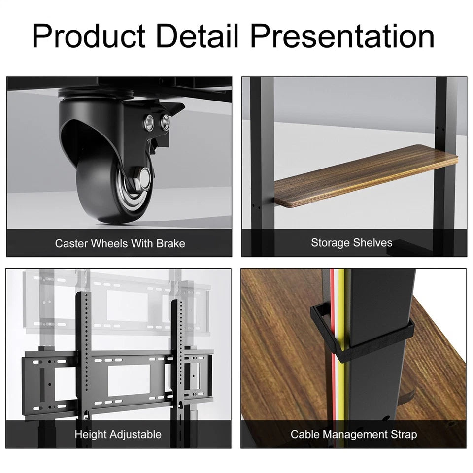 Adjustable Rolling TV Stand for 40 to 86 Inch Screens with Shelves