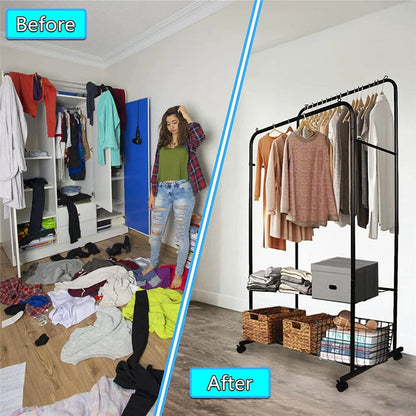 Industrial clothes rack with hanging rail and lower shoe shelf