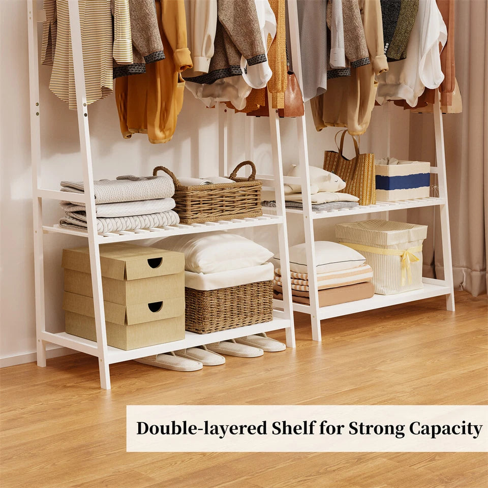 Bamboo clothes organiser with hanging hooks and shelves