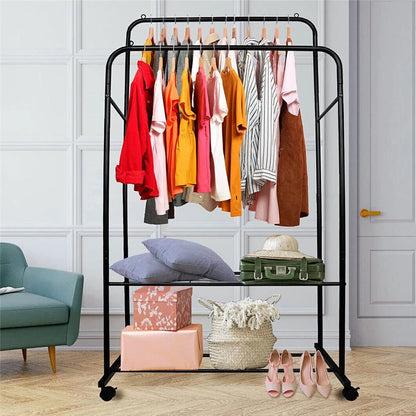 Freestanding black clothes rack with shoe storage shelf