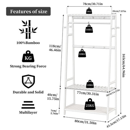 Bamboo coat and garment rack with three spacious shelves