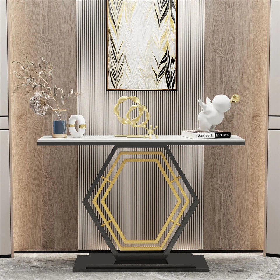 Geometric gold and black console table, close-up of base