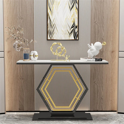 Geometric gold and black console table, close-up of base
