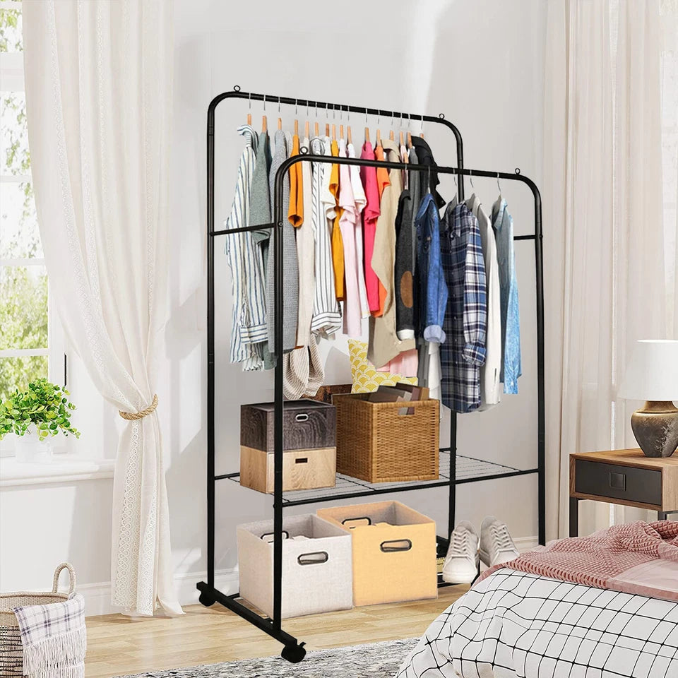 Heavy duty clothing display rack with hanging bar and shoe shelf