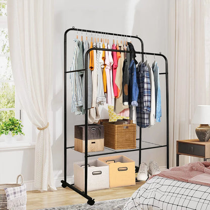 Heavy duty clothing display rack with hanging bar and shoe shelf