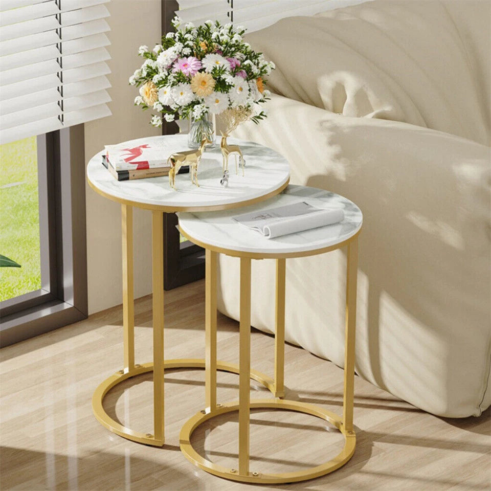 Sintered stone side table set with white tops and gold legs