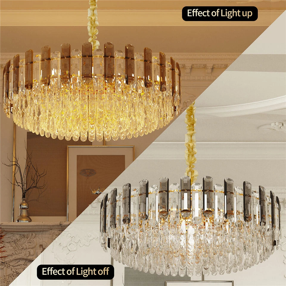 P&P Gold And Grey Smoky Crystal Chandelier With 10 E14 LED Lights And Adjustable Height