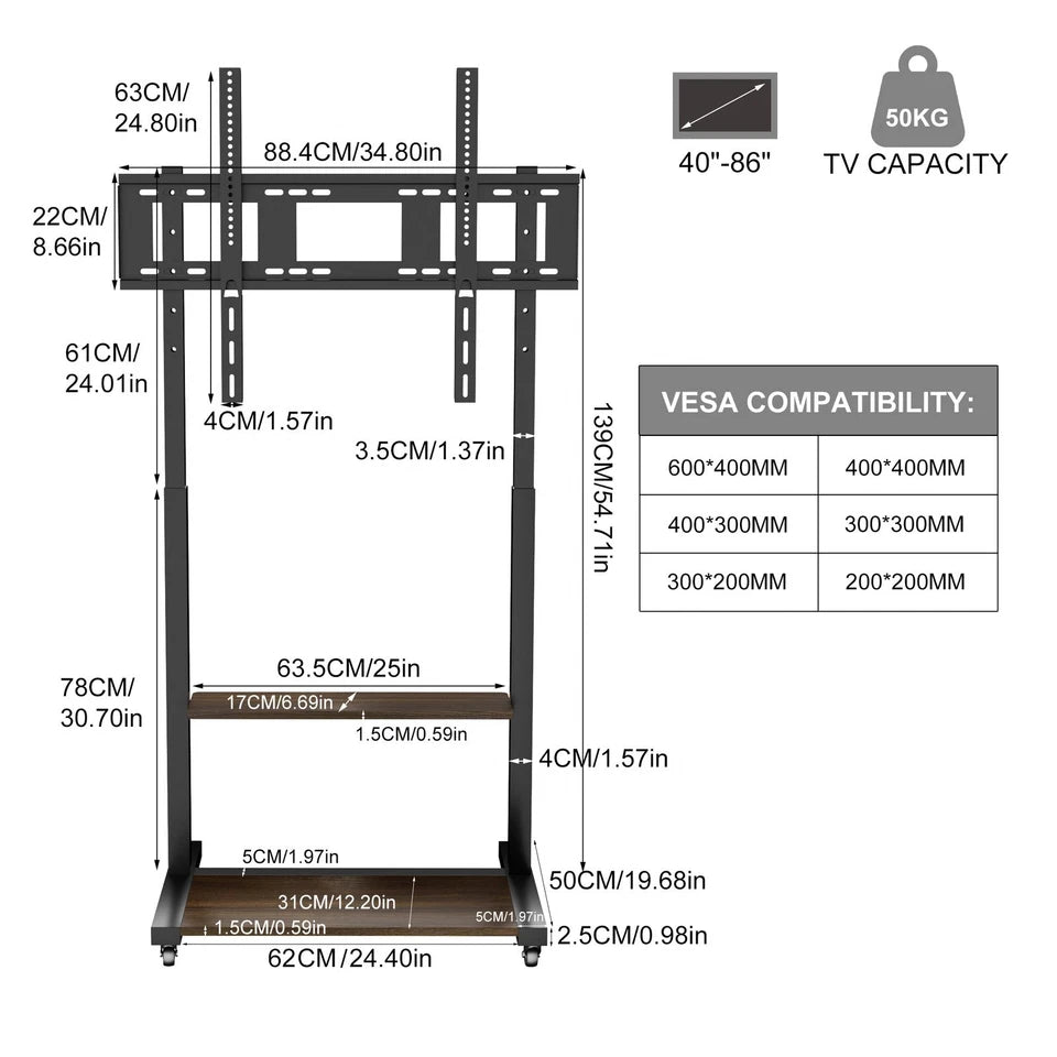 Black TV display stand with two-tier media storage