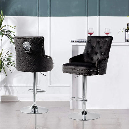 Adjustable height black velvet bar stool with swivel seat