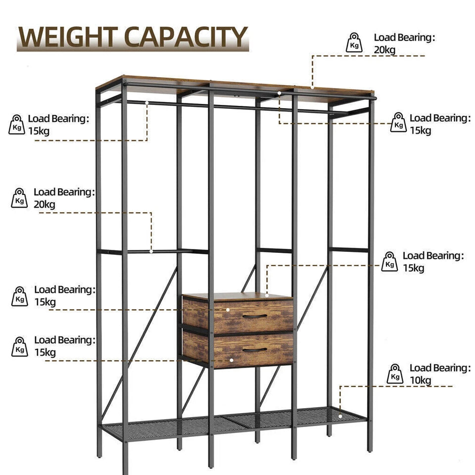 Fin Xxl Heavy Duty Wardrobe With 2 Drawers Bedroom Storage Hanging Bar Clothes Rail
