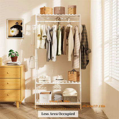 White bamboo coat rack with three-tier storage shelves