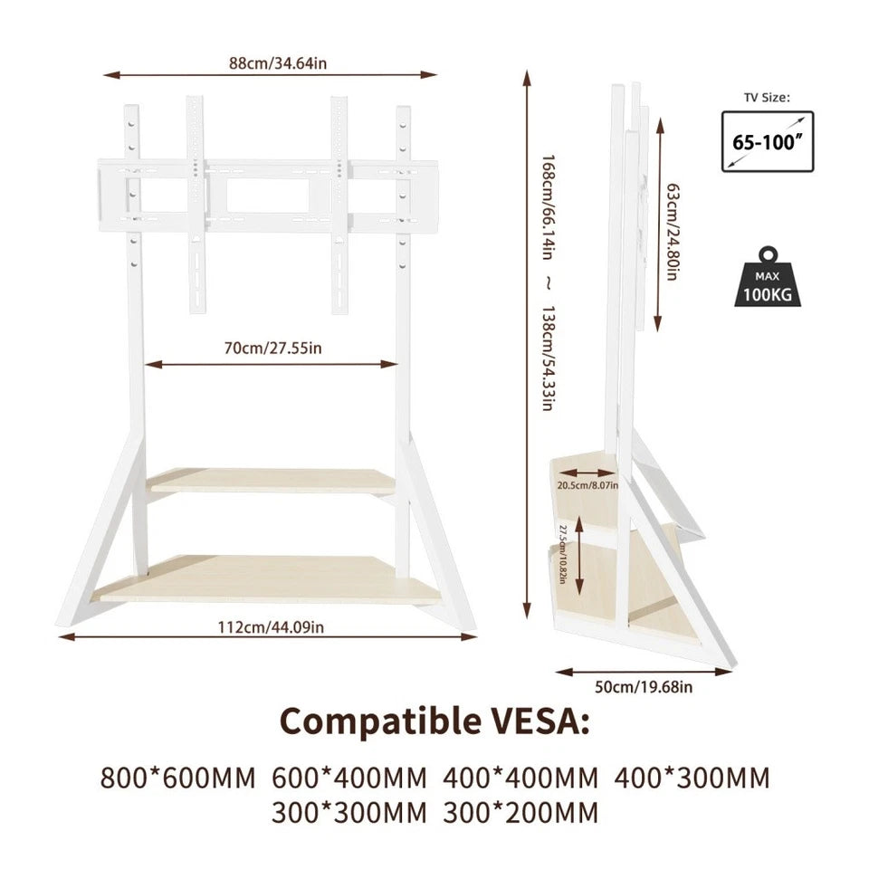 Mobile TV floor stand with two-tier media shelves