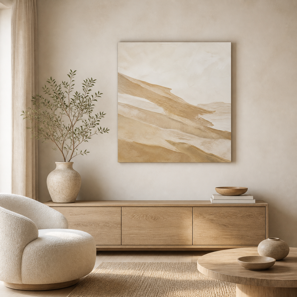 Sandstone Drift stretched canvas in a neutral interior
