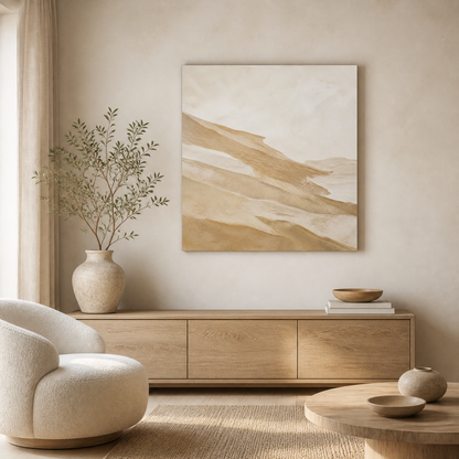 Sandstone Drift stretched canvas in a neutral interior