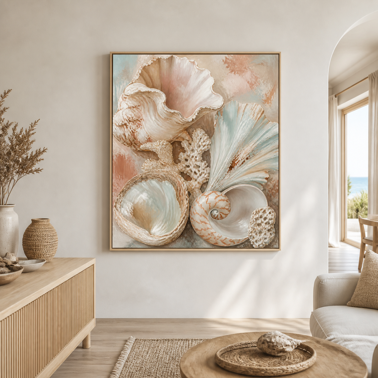 Shell Study birch floating frame canvas in a coastal interior