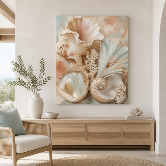 Shell Study stretched canvas in a coastal interior