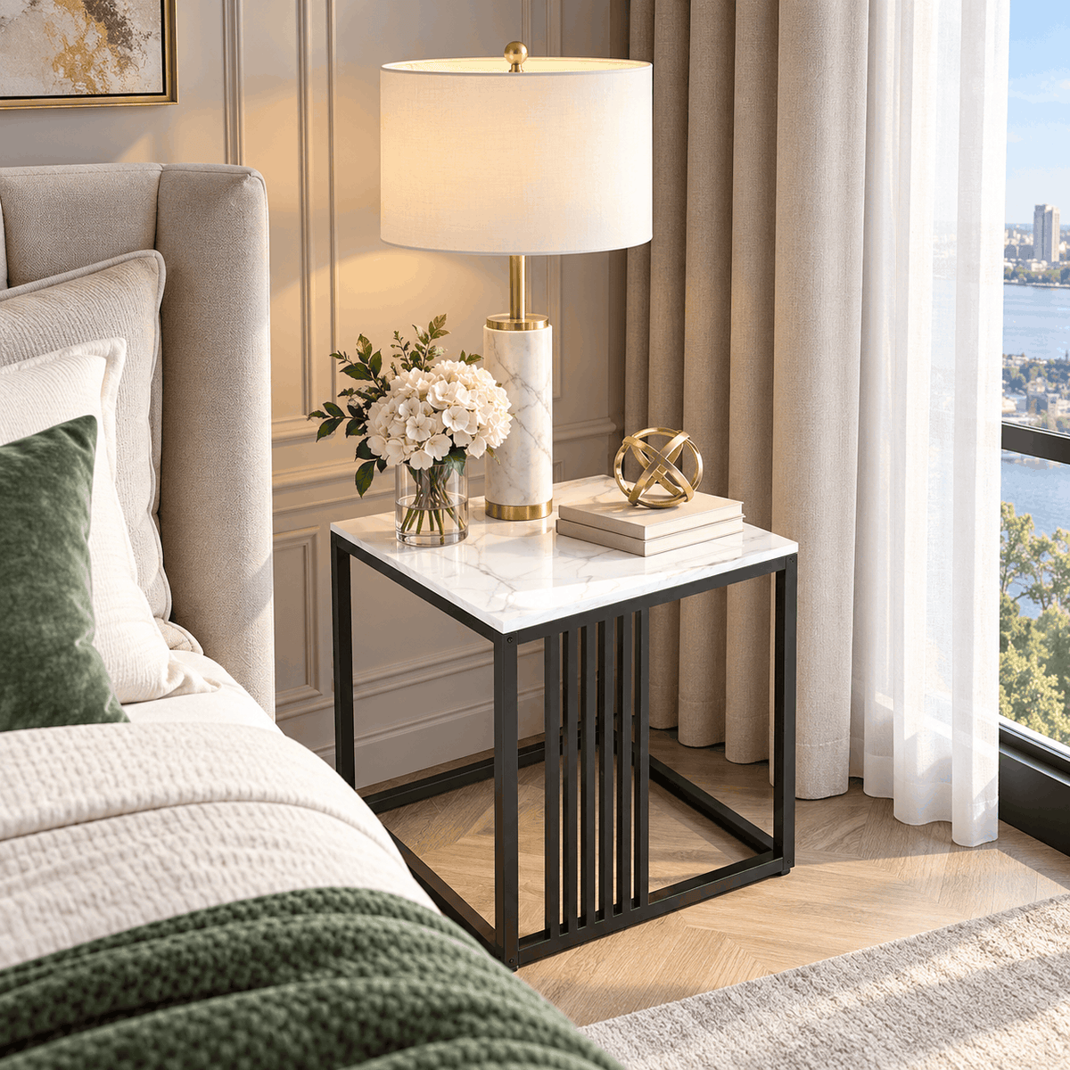 Square side table with a white marble look top and black frame beside a bed holding a table lamp, flowers and books