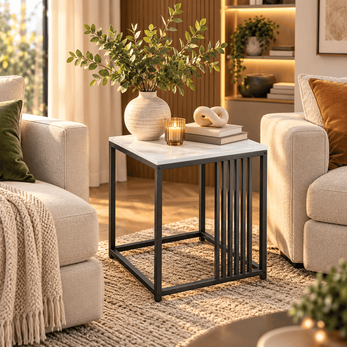 Square side table with a marble look top and black frame between two cream sofas holding a vase, a candle and books