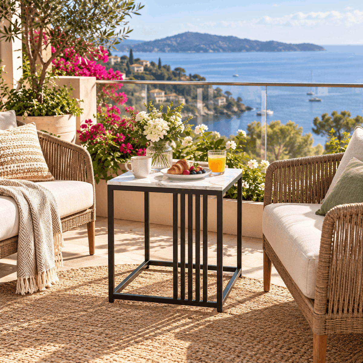 Square marble look side table with a black slatted frame on a terrace holding flowers, a croissant and a drink