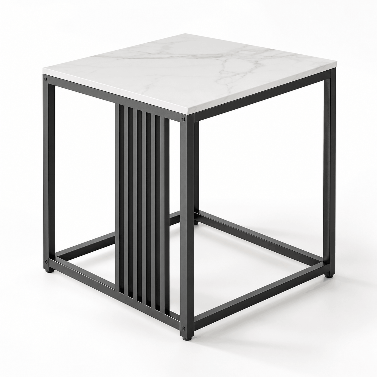 Square side table with a white marble look top and a black metal frame with a slatted panel on one side