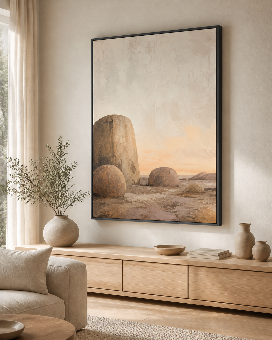 Stone and Sky canvas in a black floating frame