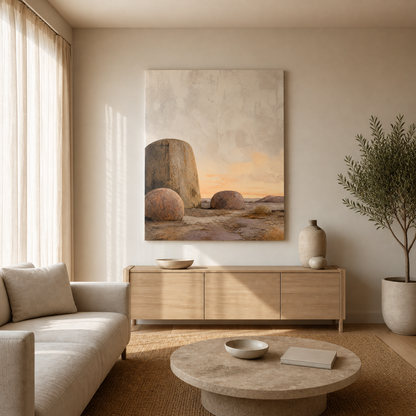 Stone and Sky stretched canvas in a styled living room – full square lifestyle view