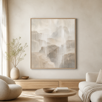 Stone Veil birch floating frame canvas in a neutral interior