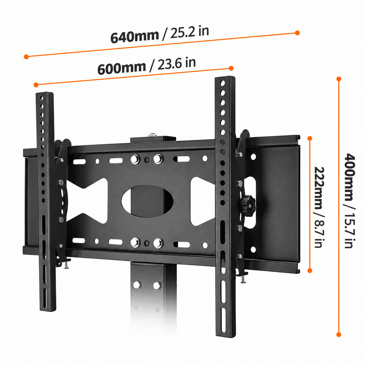 Diagram of a TV bracket showing its width, adjustable bracket width, height and the distance between mounting holes