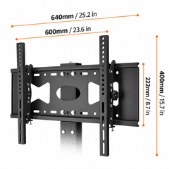Diagram of a TV bracket showing its width, adjustable bracket width, height and the distance between mounting holes