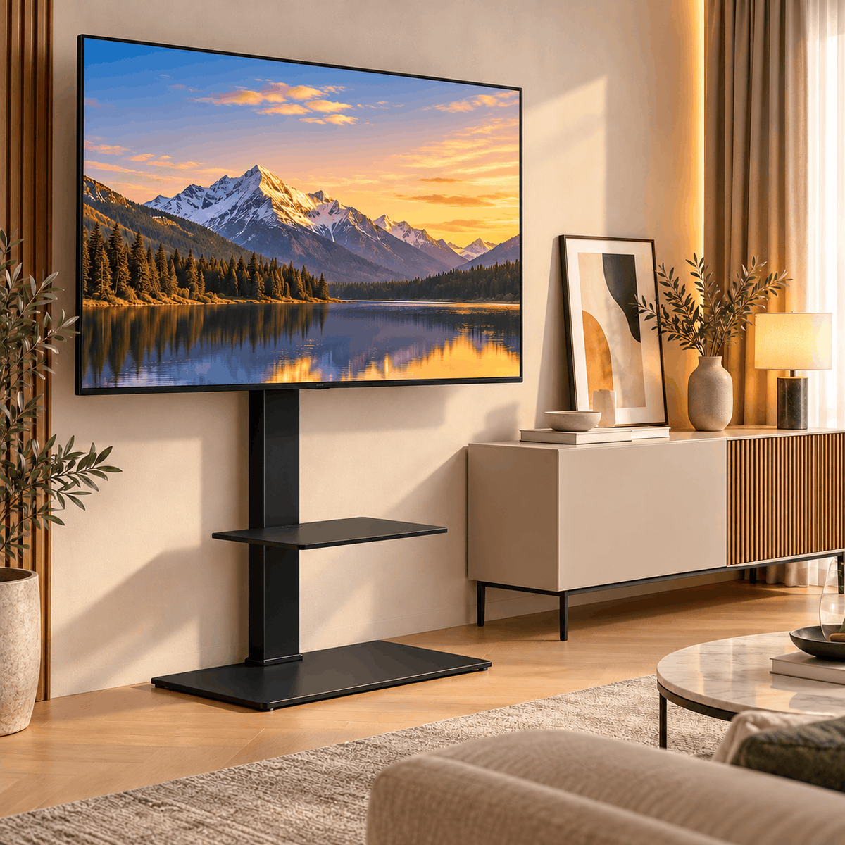 TV on a black floor stand with a shelf and base beside a cream sideboard in a warm living room