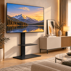 TV on a black floor stand with a shelf and base beside a cream sideboard in a warm living room