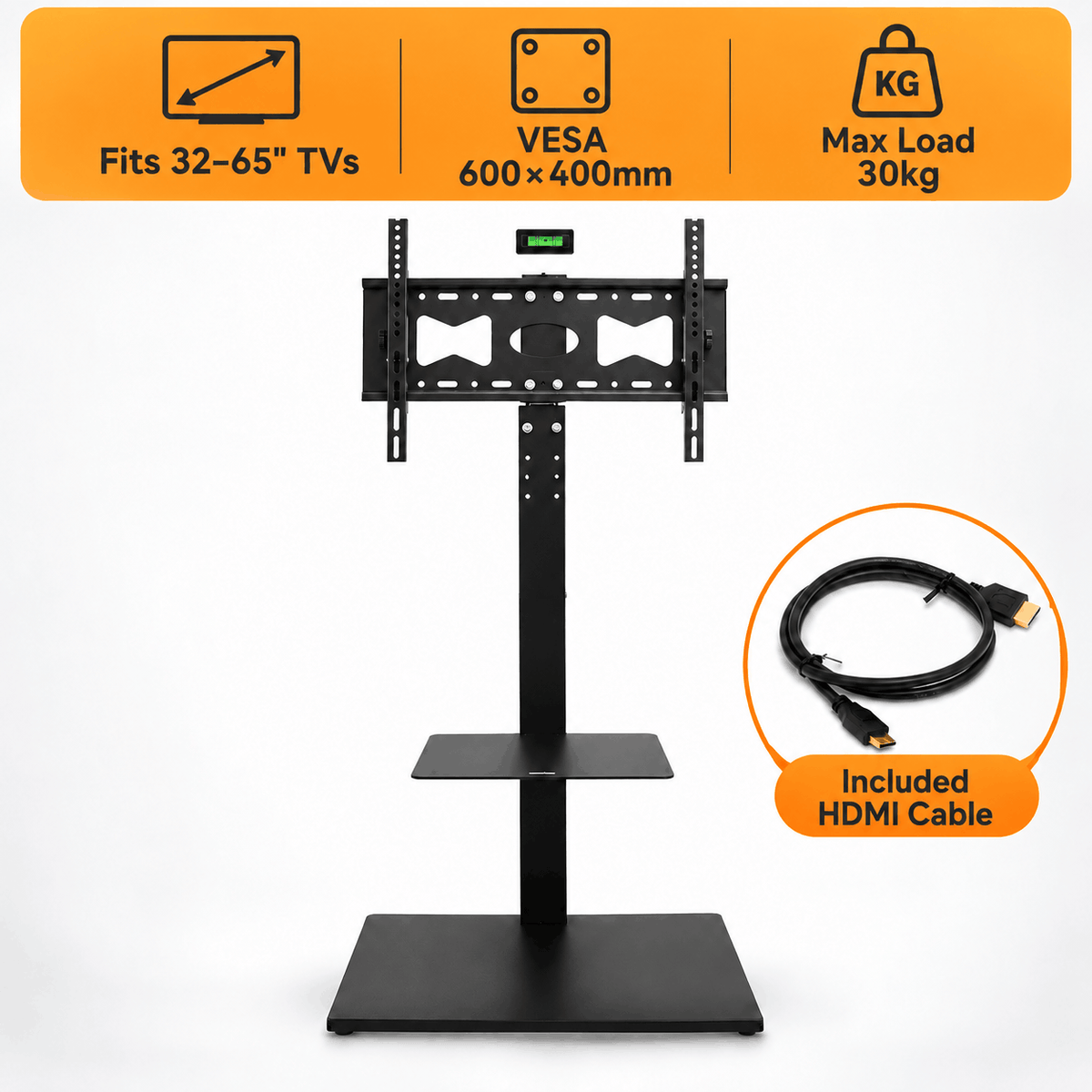Black TV floor stand with a level above the bracket and a coiled HD cable beside icons for TV size, VESA and load