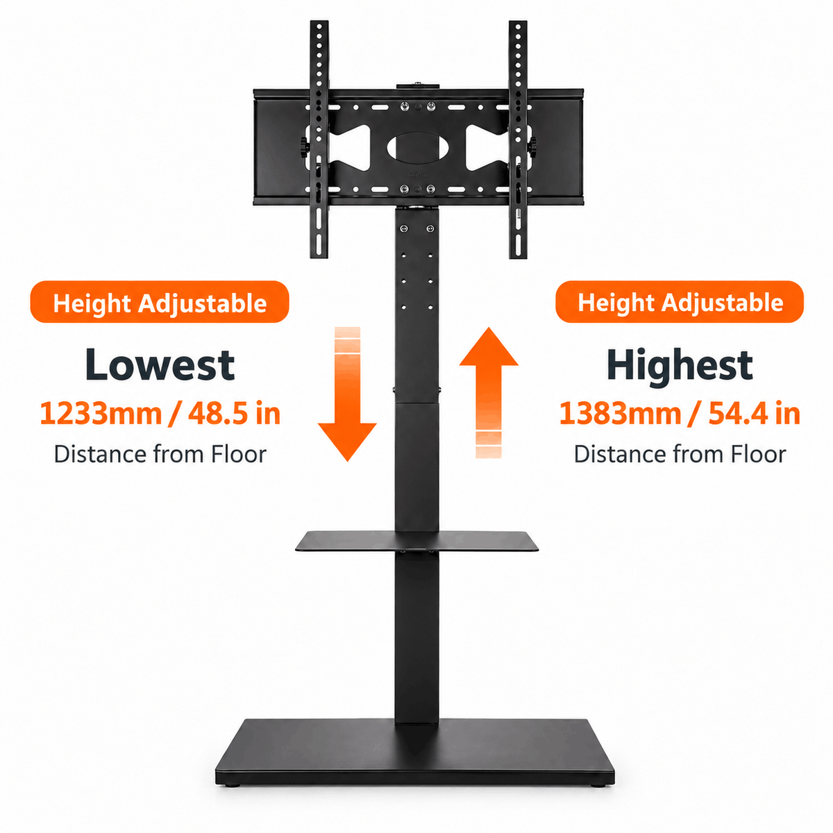 Black TV floor stand with arrows showing the TV height adjusting up and down from the floor