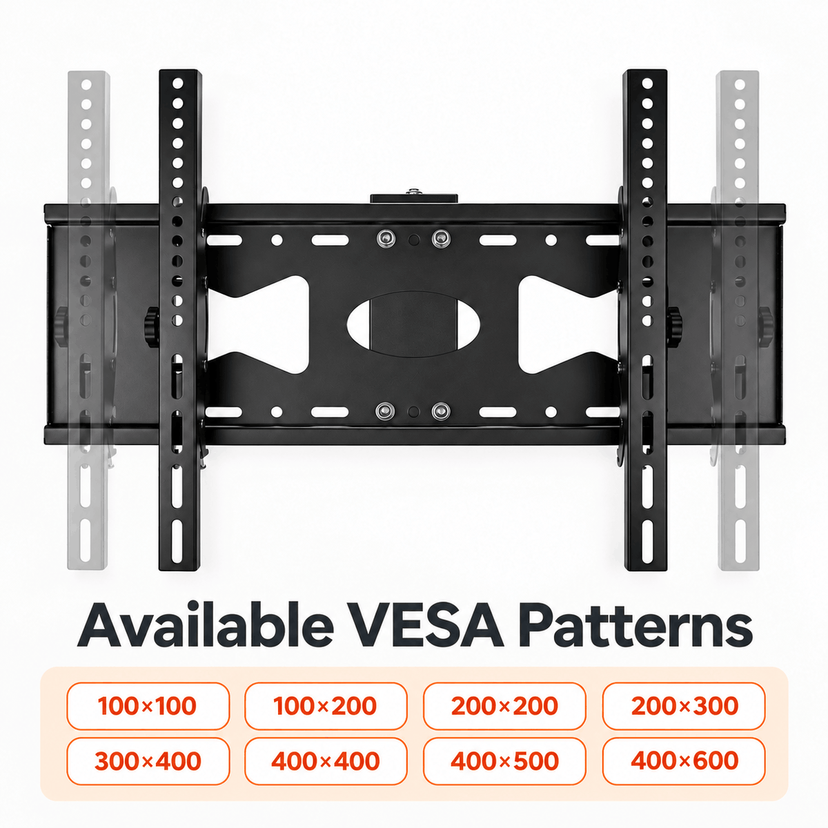 Black TV bracket with sliding vertical arms beside a list of the hole patterns it fits