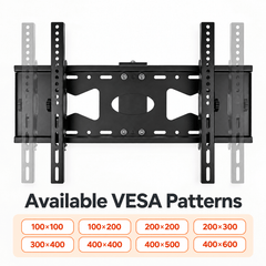 Black TV bracket with sliding vertical arms beside a list of the hole patterns it fits