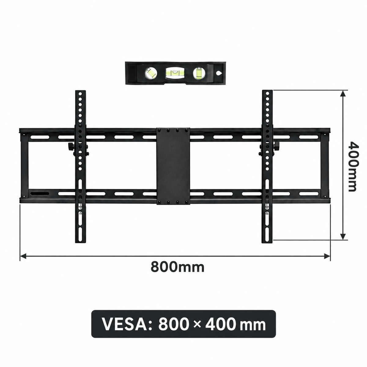 Front view diagram of a black tilting TV wall mount showing its width and height beside a small level tool