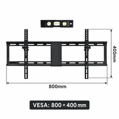 Front view diagram of a black tilting TV wall mount showing its width and height beside a small level tool