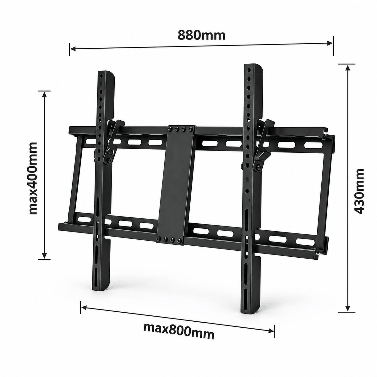 Angled view diagram of a black tilting TV wall mount showing its overall width and height and its hole spacing