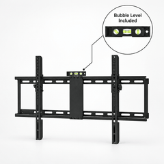 Black tilting TV wall mount bracket with a small level tool shown above it and a close up of the level
