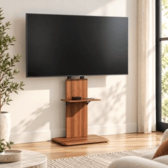 Brown wood effect TV floor stand with a black VESA bracket, one small shelf and a large base on a white background