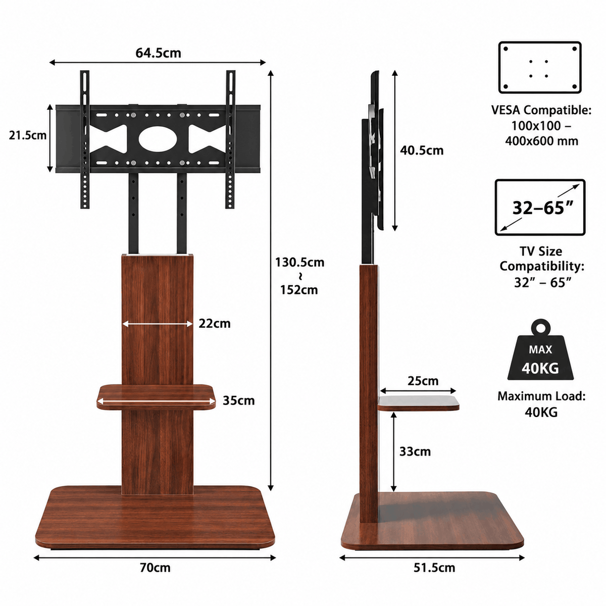 TV on a wood effect floor stand with a small shelf held by black brackets holding a streaming box in a lounge room