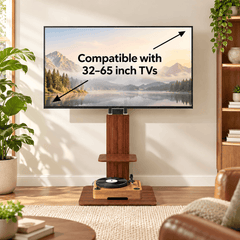 TV on a wood effect floor stand in a sunny living room with a game console on the small shelf and AV equipment on the base